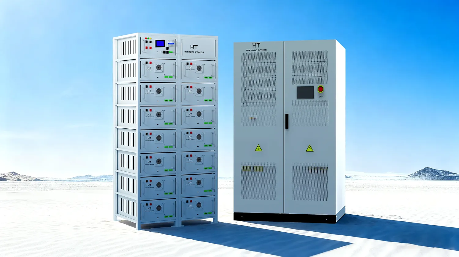 BESS system composed of a 100 kW/200 kWh PCS cabinet and high-voltage rack batteries